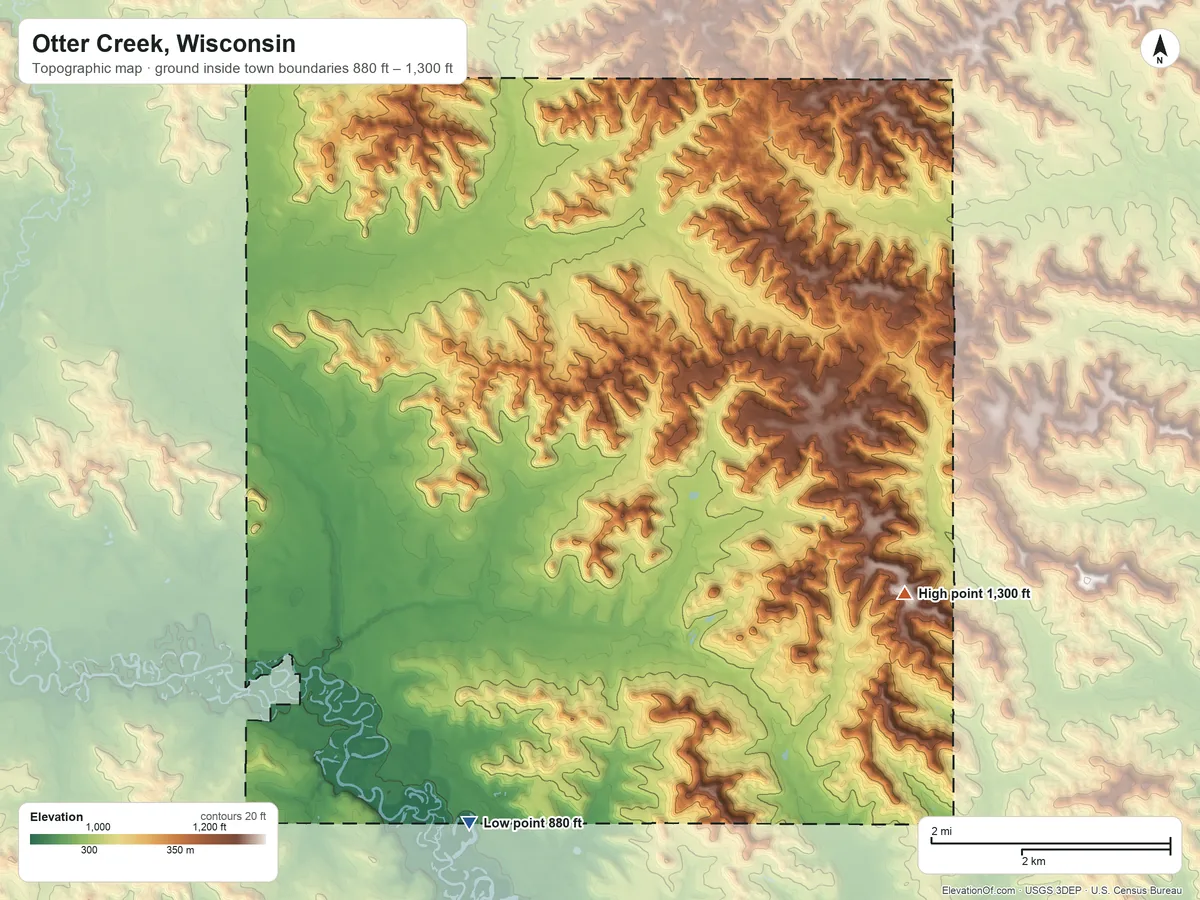 Topographic elevation map of Otter Creek, Wisconsin, shaded from 880 ft on the southwest side to 1,300 ft on the east side