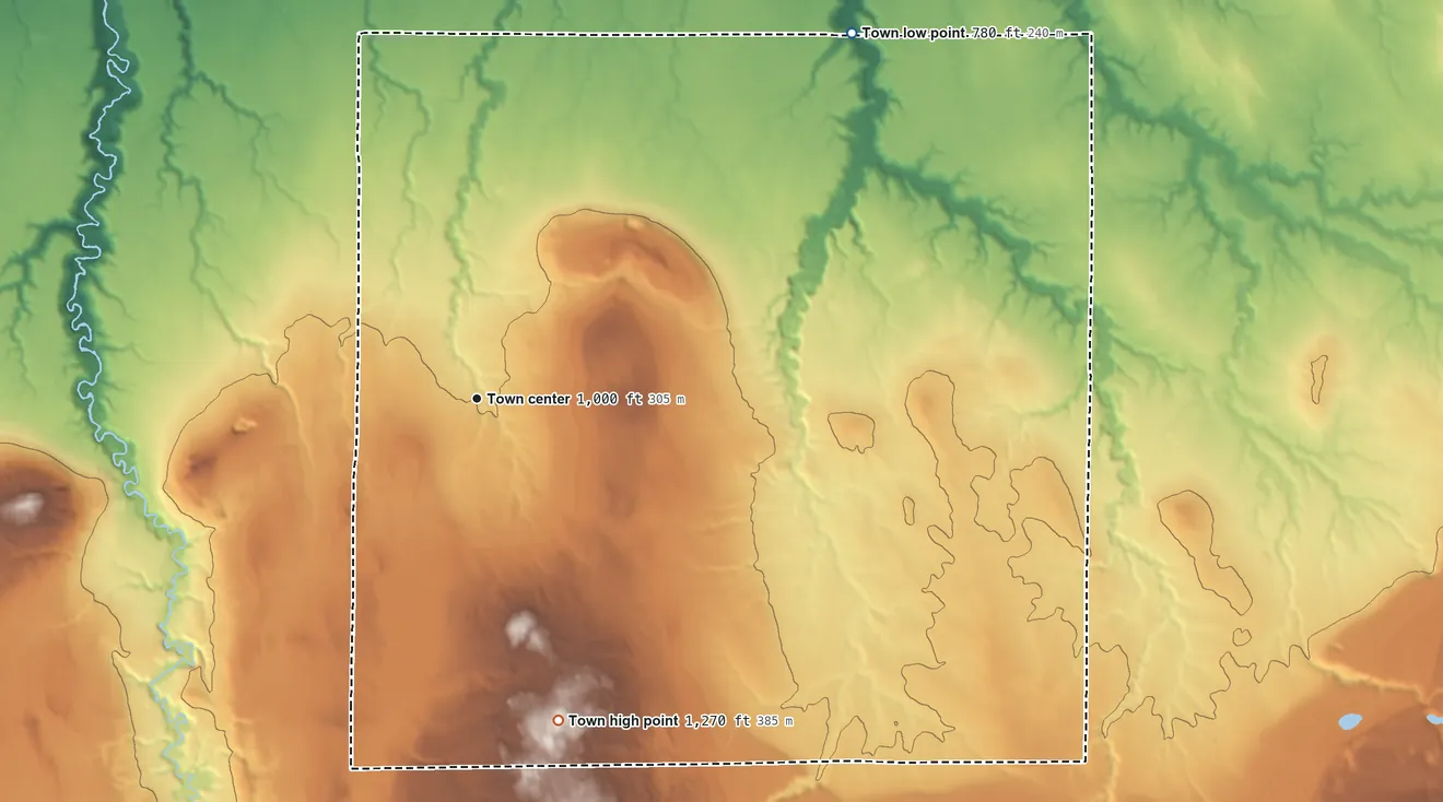 Topographic elevation map of Oulu, Wisconsin, shaded from 780 ft on the northeast side to 1,270 ft on the south side