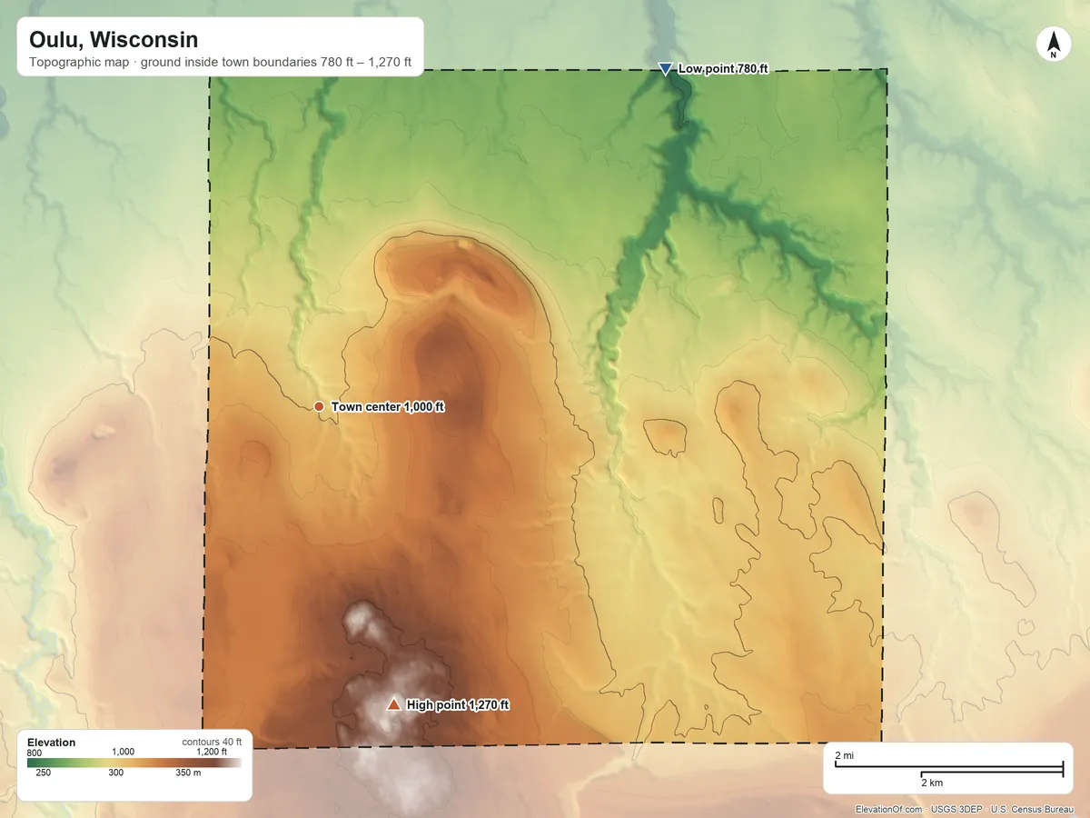 Topographic elevation map of Oulu, Wisconsin, shaded from 780 ft on the northeast side to 1,270 ft on the south side
