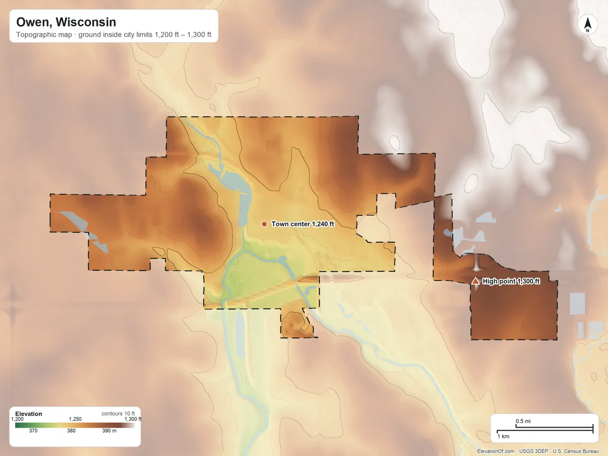 Topographic elevation map of Owen, Wisconsin, shaded from 1,200 ft on the southwest side to 1,300 ft on the east side