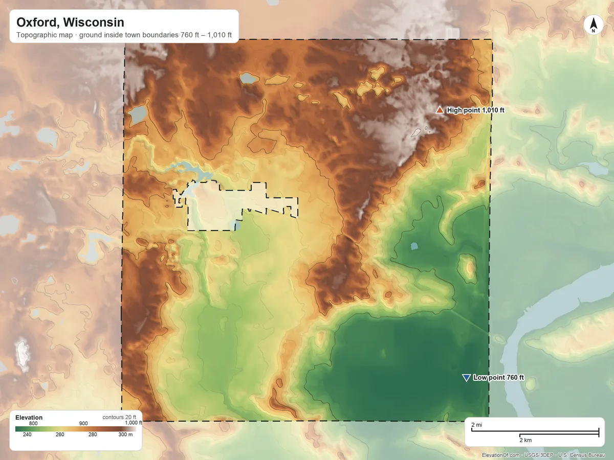 Topographic elevation map of Oxford, Wisconsin, shaded from 760 ft on the southeast side to 1,010 ft on the northeast side