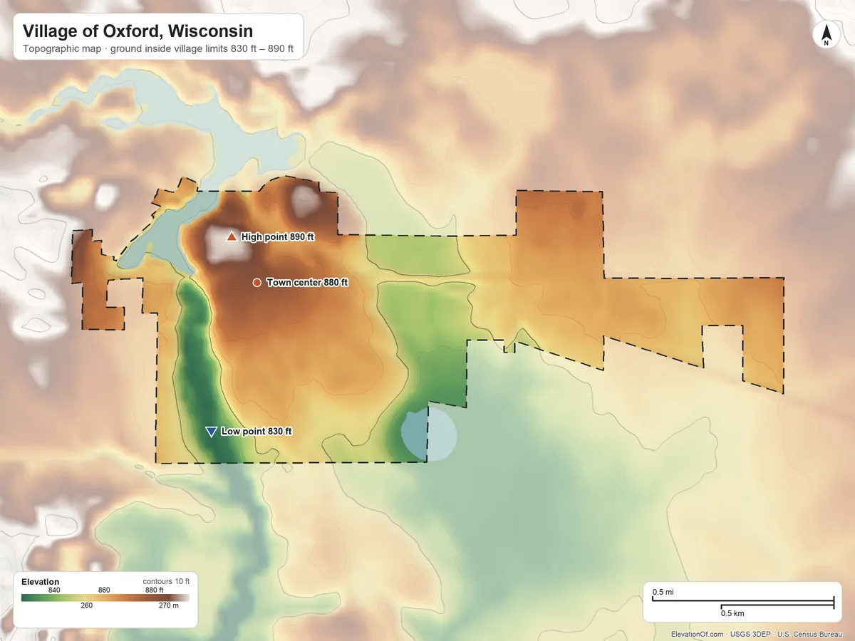 Topographic elevation map of Village of Oxford, Wisconsin, shaded from 830 ft on the south side to 890 ft near the middle