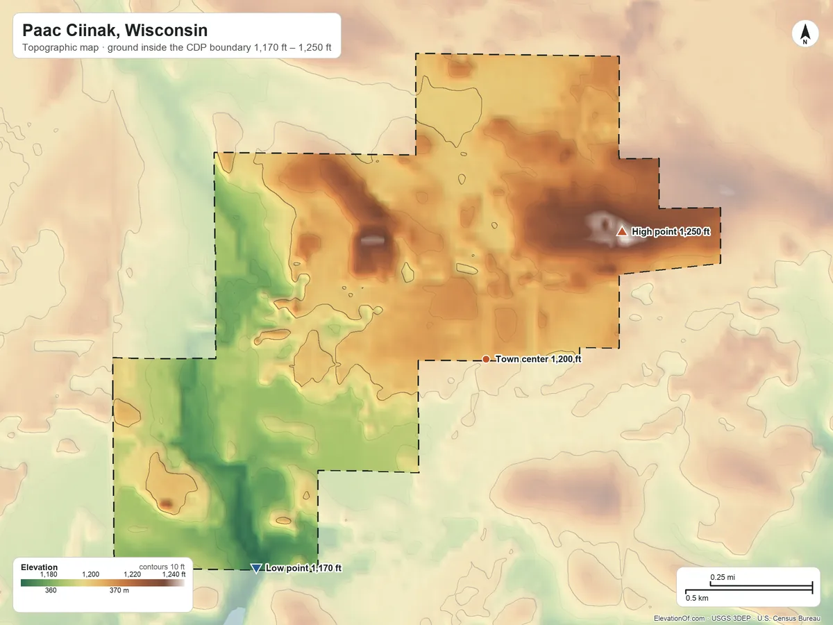 Topographic elevation map of Paac Ciinak, Wisconsin, shaded from 1,170 ft on the southwest side to 1,250 ft on the northeast side