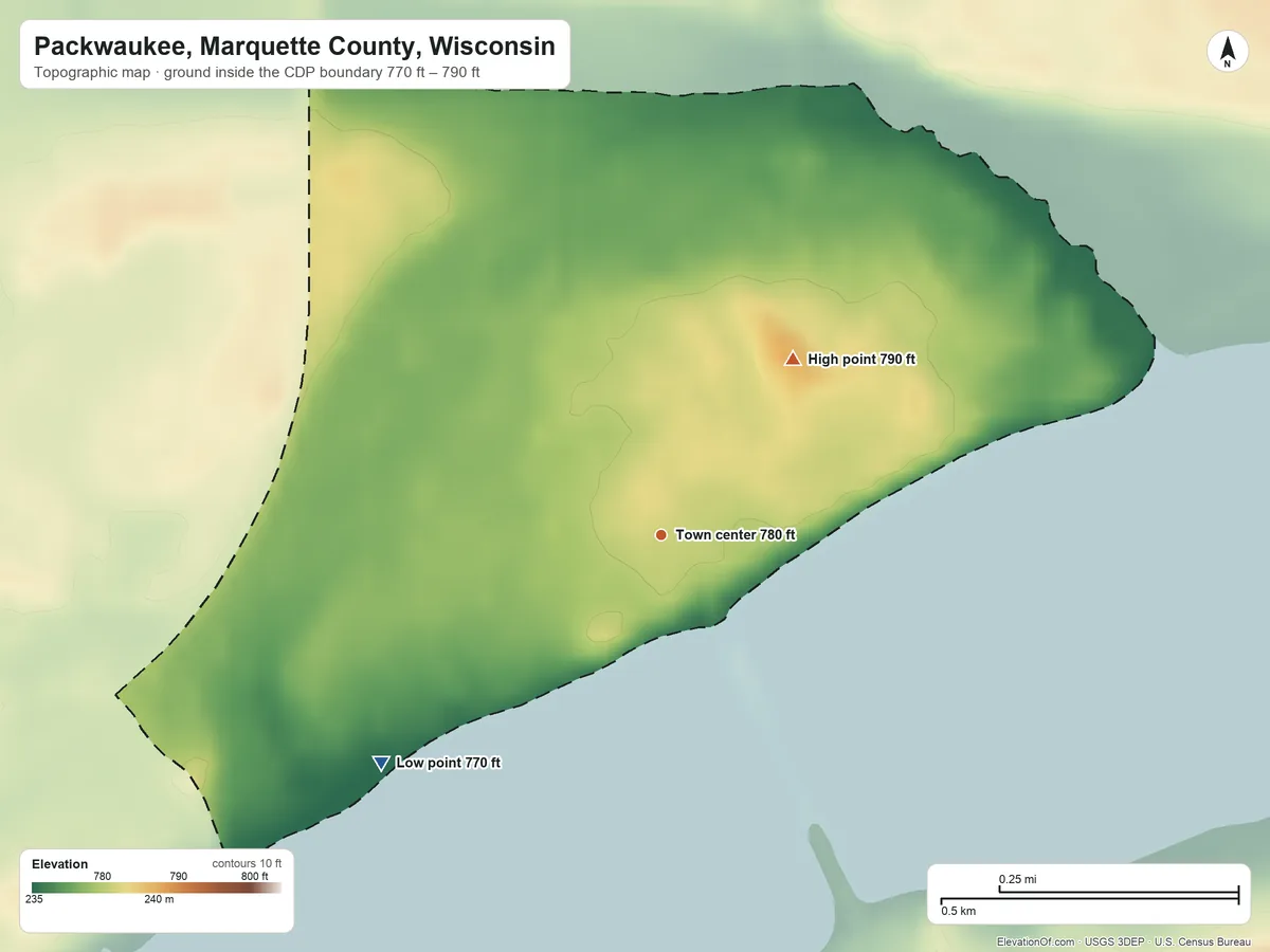 Topographic elevation map of Packwaukee, Marquette County, Wisconsin, shaded from 770 ft on the southwest side to 790 ft on the northeast side