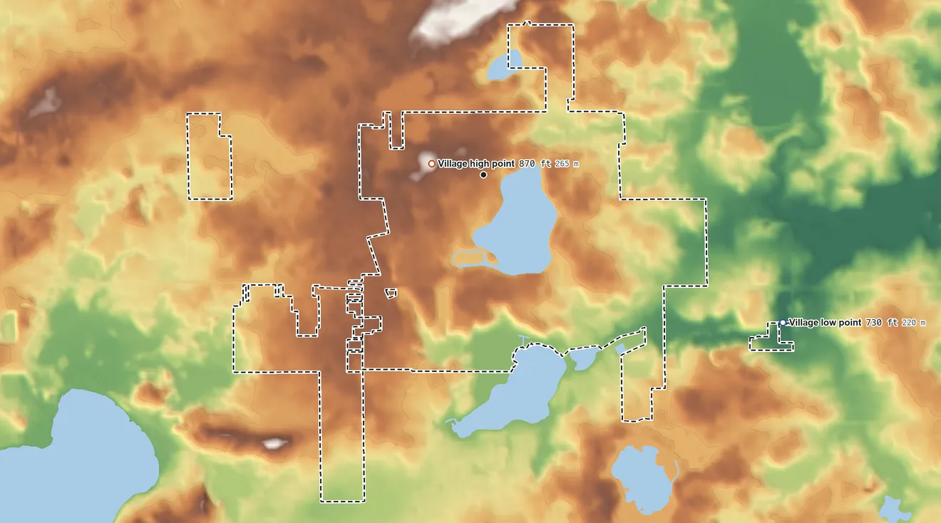 Topographic elevation map of Paddock Lake, Wisconsin, shaded from 730 ft on the southeast side to 870 ft near the middle