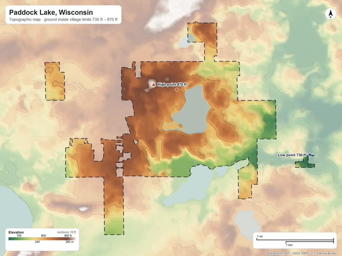 Topographic elevation map of Paddock Lake, Wisconsin, shaded from 730 ft on the southeast side to 870 ft near the middle