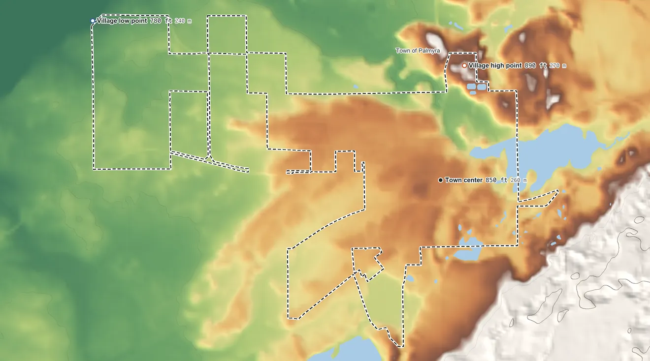 Topographic elevation map of Palmyra, Wisconsin, shaded from 780 ft on the northwest side to 890 ft on the north side