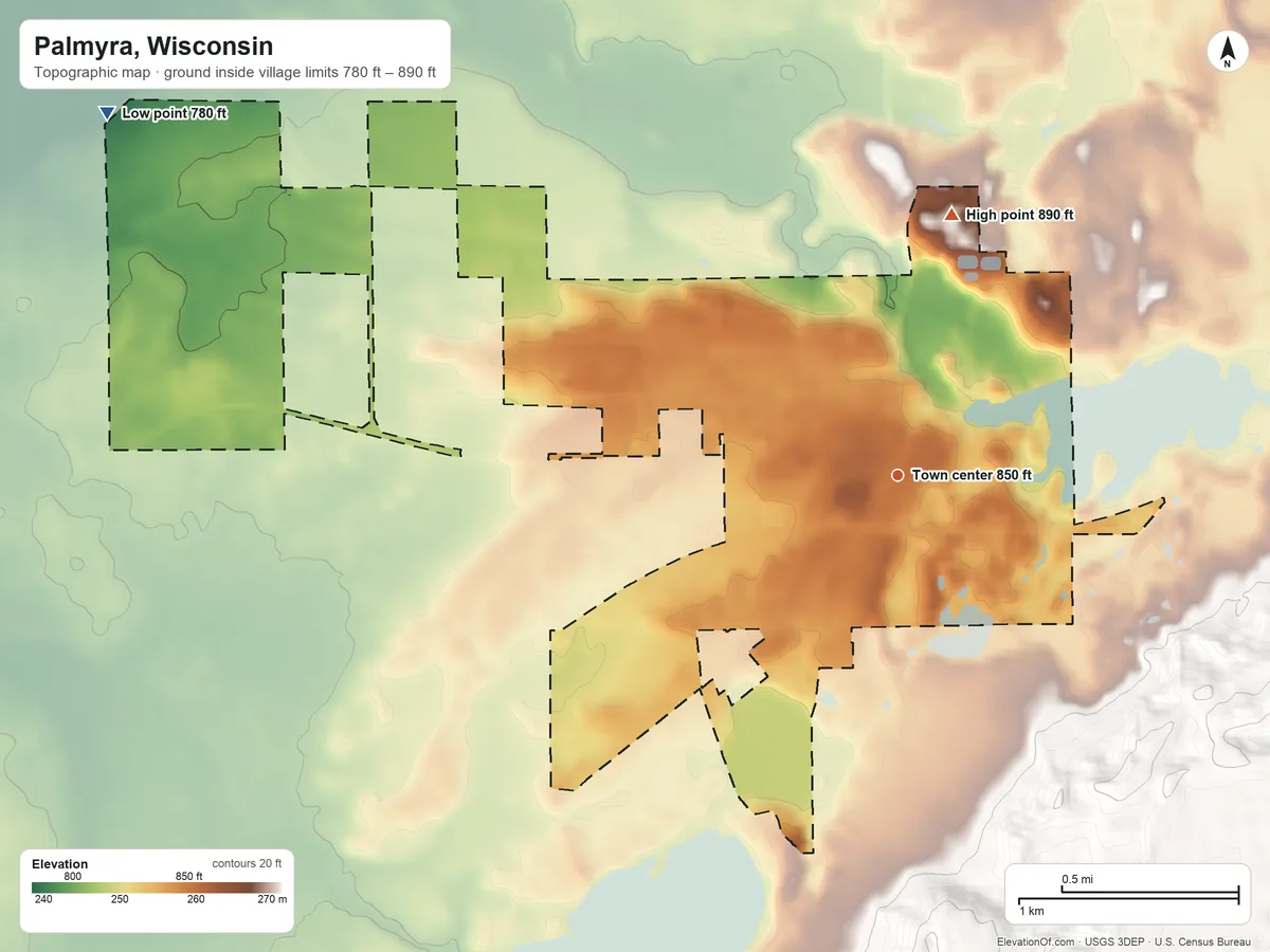 Topographic elevation map of Palmyra, Wisconsin, shaded from 780 ft on the northwest side to 890 ft on the north side