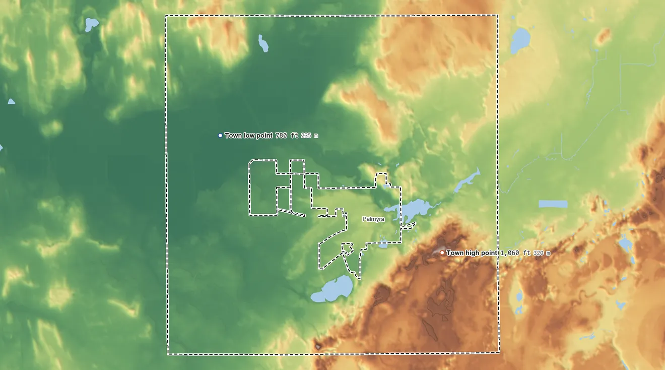 Topographic elevation map of Town of Palmyra, Wisconsin, shaded from 780 ft on the west side to 1,060 ft on the southeast side