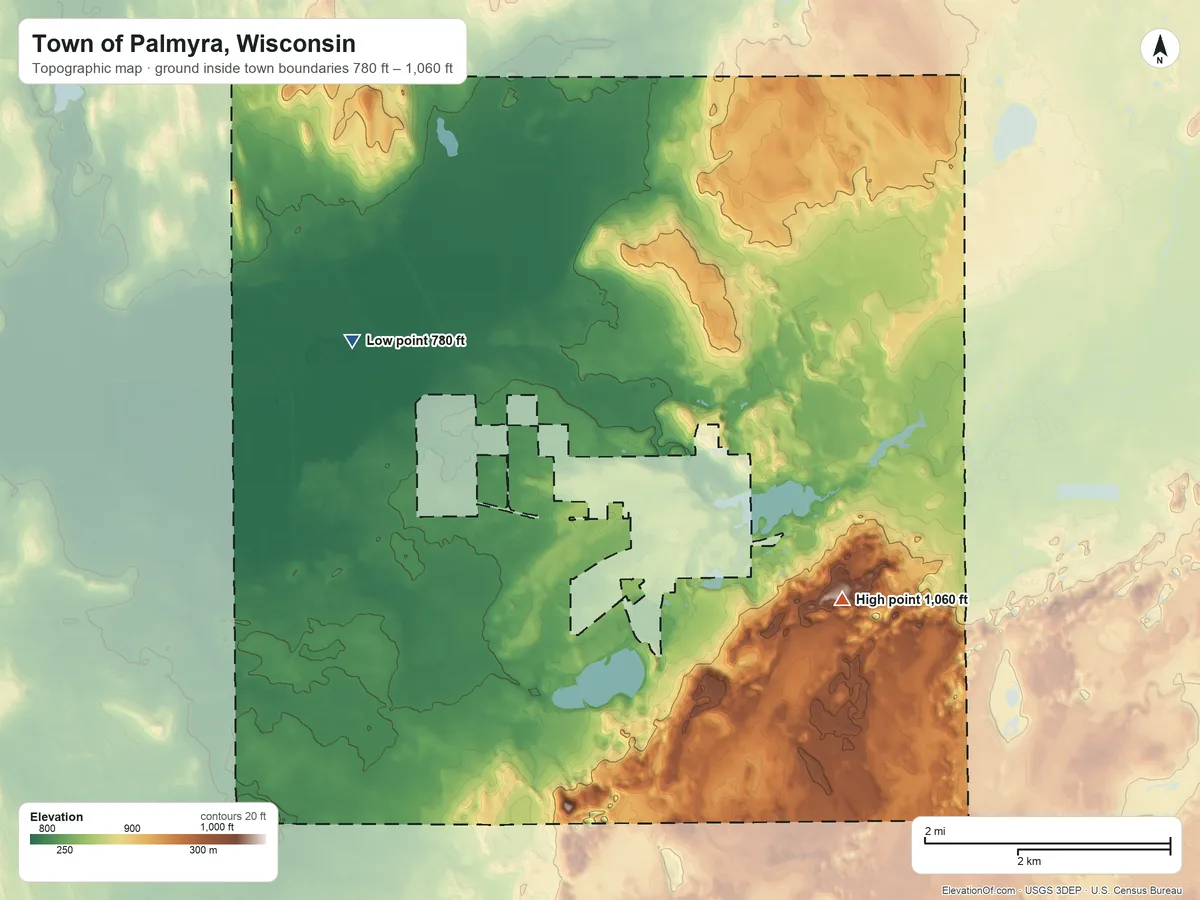 Topographic elevation map of Town of Palmyra, Wisconsin, shaded from 780 ft on the west side to 1,060 ft on the southeast side