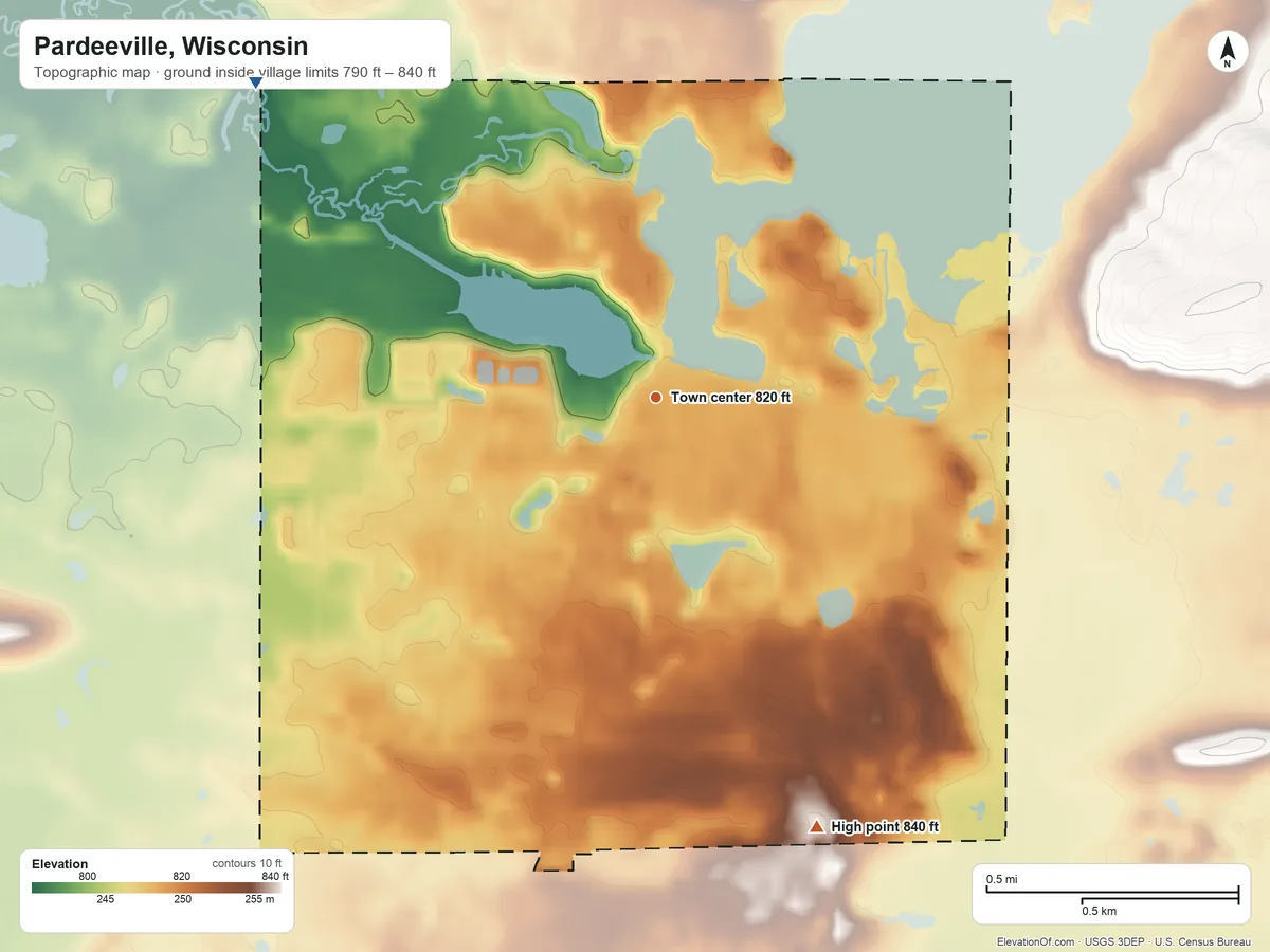 Topographic elevation map of Pardeeville, Wisconsin, shaded from 790 ft on the northwest side to 840 ft on the south side