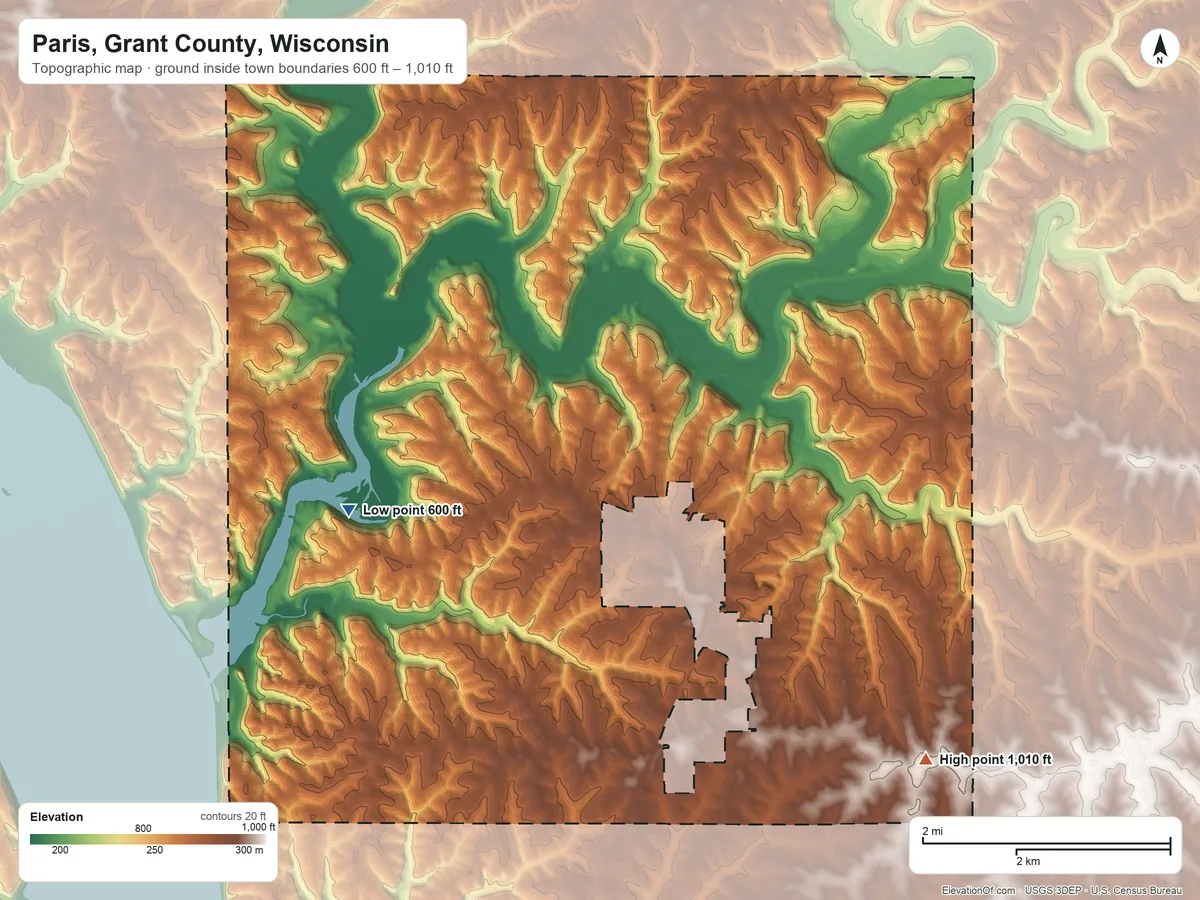 Topographic elevation map of Paris, Grant County, Wisconsin, shaded from 600 ft on the west side to 1,010 ft on the southeast side