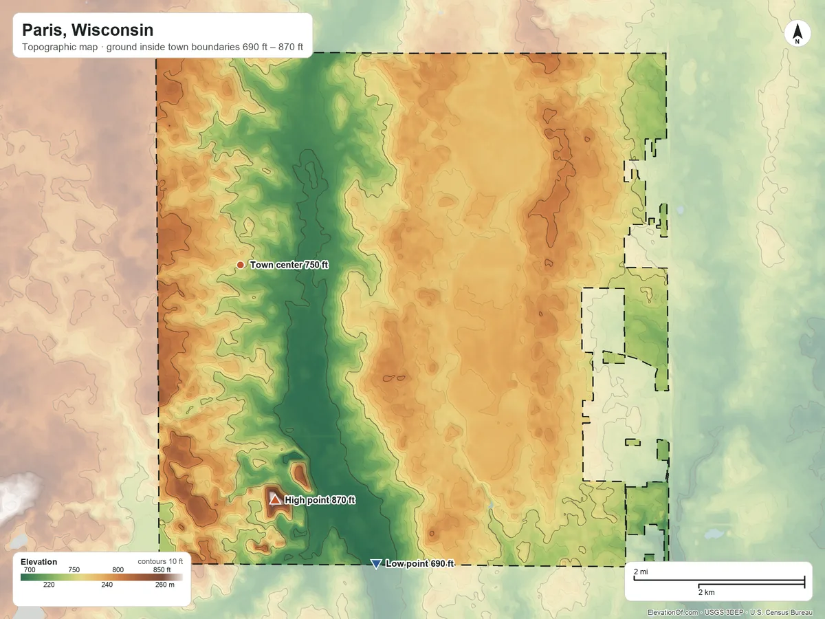 Topographic elevation map of Paris, Wisconsin, shaded from 690 ft on the southeast side to 870 ft on the south side