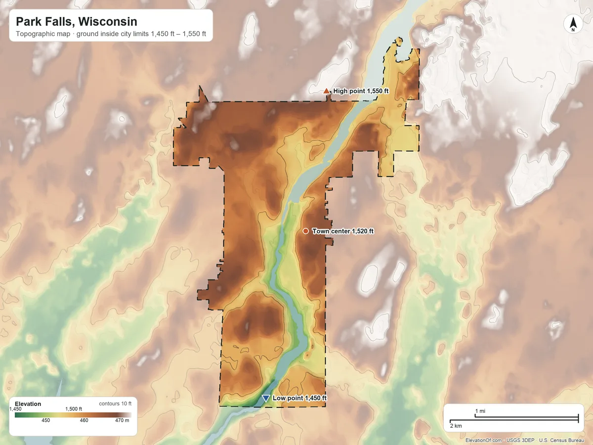 Topographic elevation map of Park Falls, Wisconsin, shaded from 1,450 ft on the south side to 1,550 ft on the north side