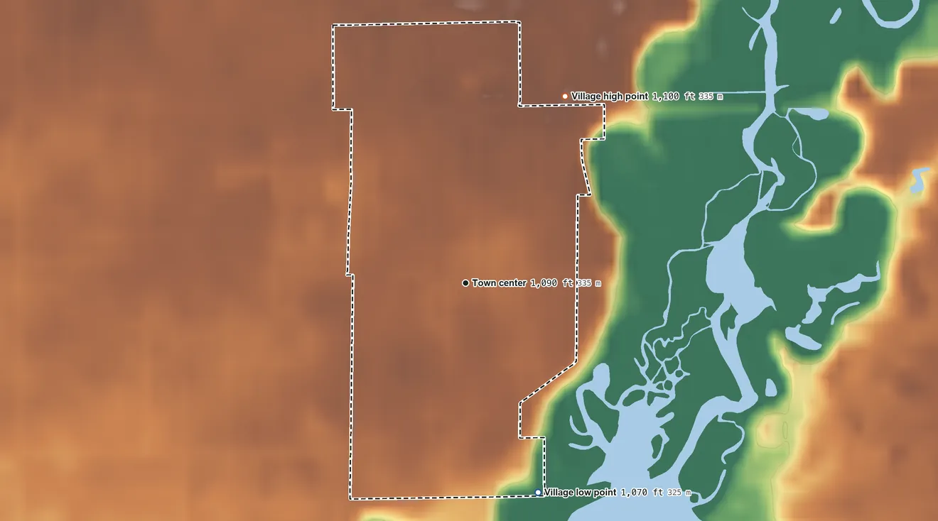 Topographic elevation map of Park Ridge, Wisconsin, shaded from 1,070 ft on the south side to 1,100 ft on the northeast side