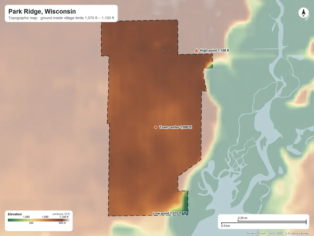 Topographic elevation map of Park Ridge, Wisconsin, shaded from 1,070 ft on the south side to 1,100 ft on the northeast side