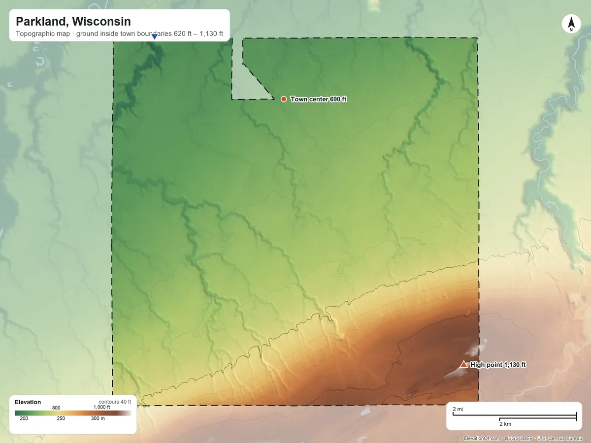 Topographic elevation map of Parkland, Wisconsin, shaded from 620 ft on the northwest side to 1,130 ft on the southeast side