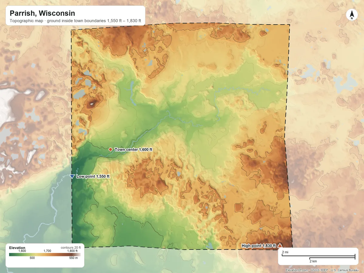 Topographic elevation map of Parrish, Wisconsin, shaded from 1,550 ft on the southwest side to 1,830 ft on the southeast side