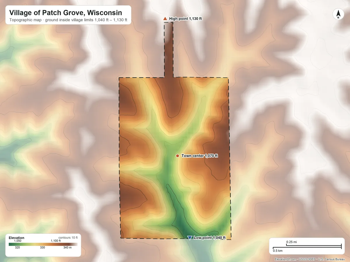 Topographic elevation map of Village of Patch Grove, Wisconsin, shaded from 1,040 ft on the south side to 1,130 ft on the north side