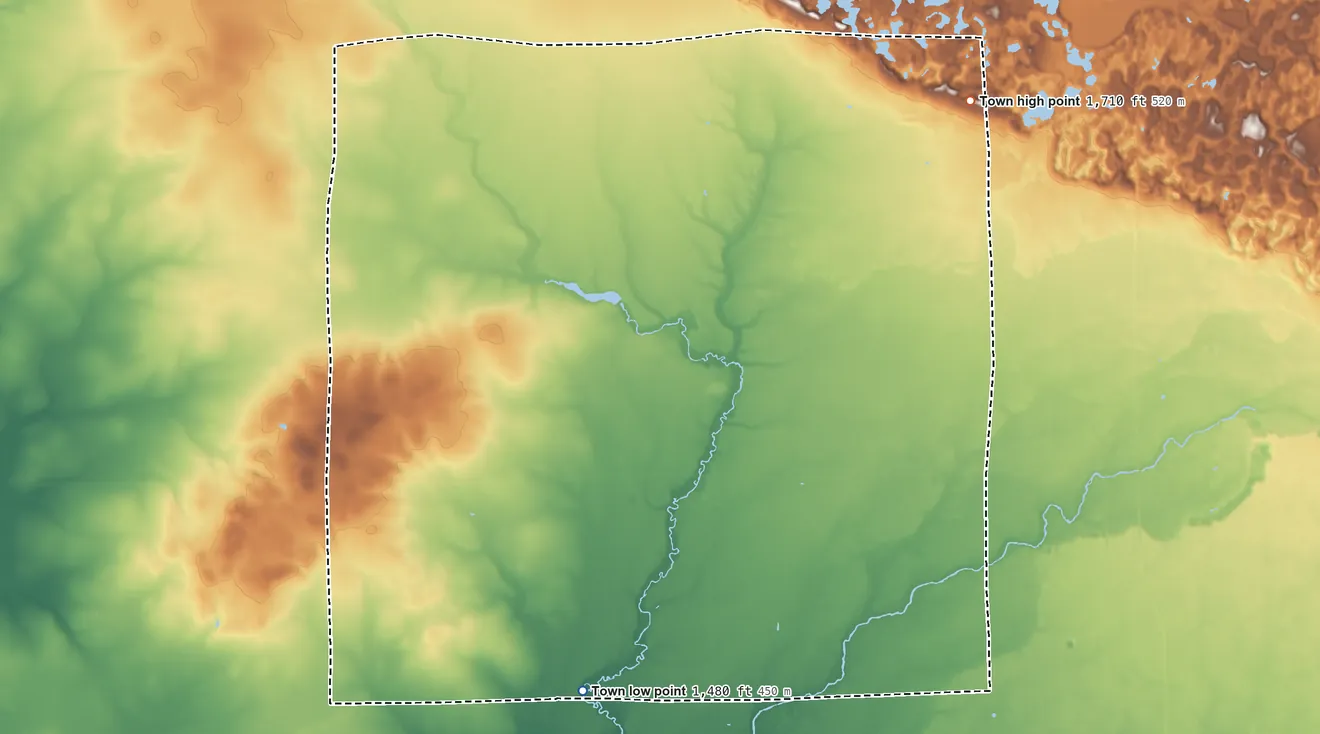 Topographic elevation map of Peck, Wisconsin, shaded from 1,480 ft on the southwest side to 1,710 ft on the northeast side