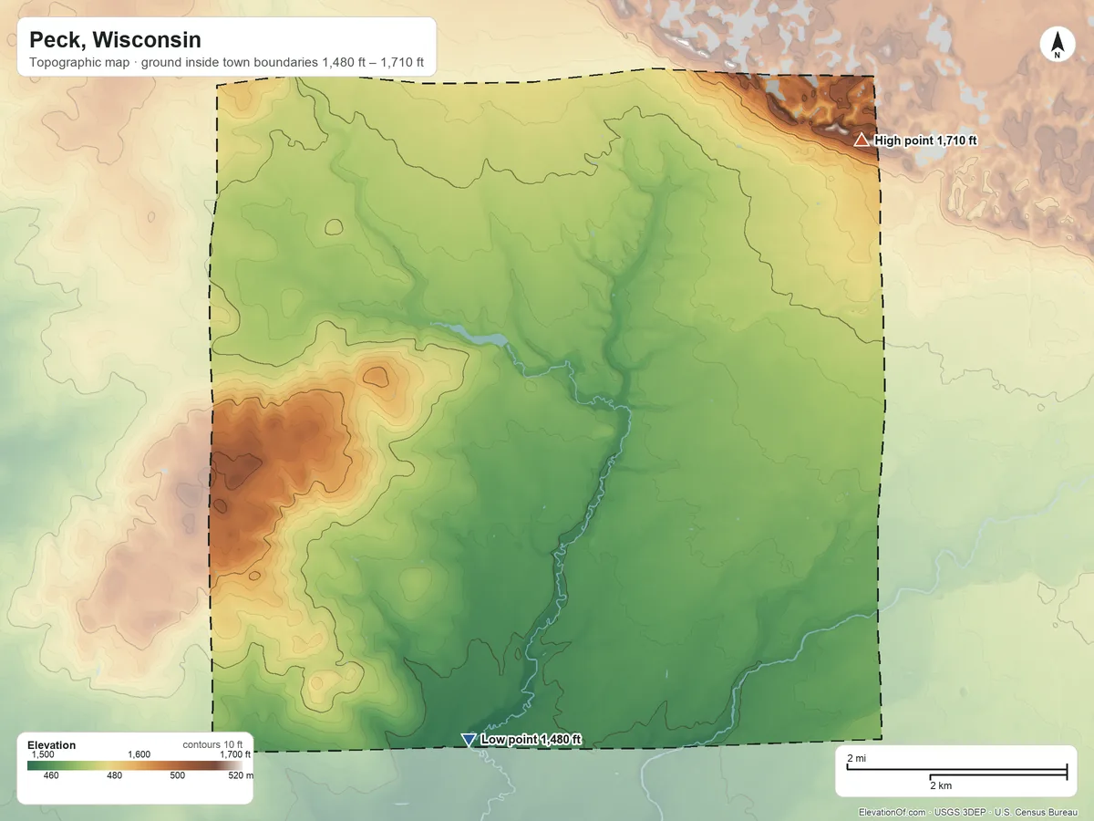 Topographic elevation map of Peck, Wisconsin, shaded from 1,480 ft on the southwest side to 1,710 ft on the northeast side