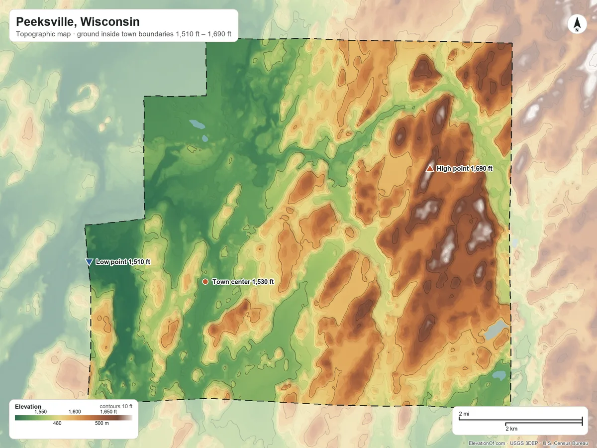 Topographic elevation map of Peeksville, Wisconsin, shaded from 1,510 ft on the west side to 1,690 ft on the northeast side