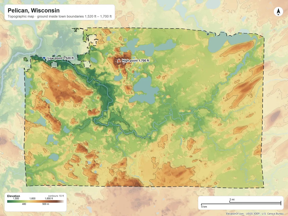 Topographic elevation map of Pelican, Wisconsin, shaded from 1,520 ft on the northwest side to 1,700 ft on the north side