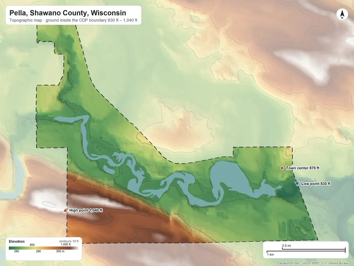 Topographic elevation map of Pella, Shawano County, Wisconsin, shaded from 830 ft near the middle to 1,040 ft on the west side