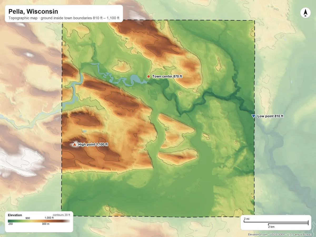 Topographic elevation map of Pella, Wisconsin, shaded from 810 ft on the east side to 1,100 ft on the southwest side
