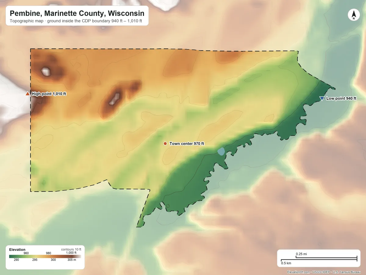 Topographic elevation map of Pembine, Marinette County, Wisconsin, shaded from 940 ft on the east side to 1,010 ft on the west side