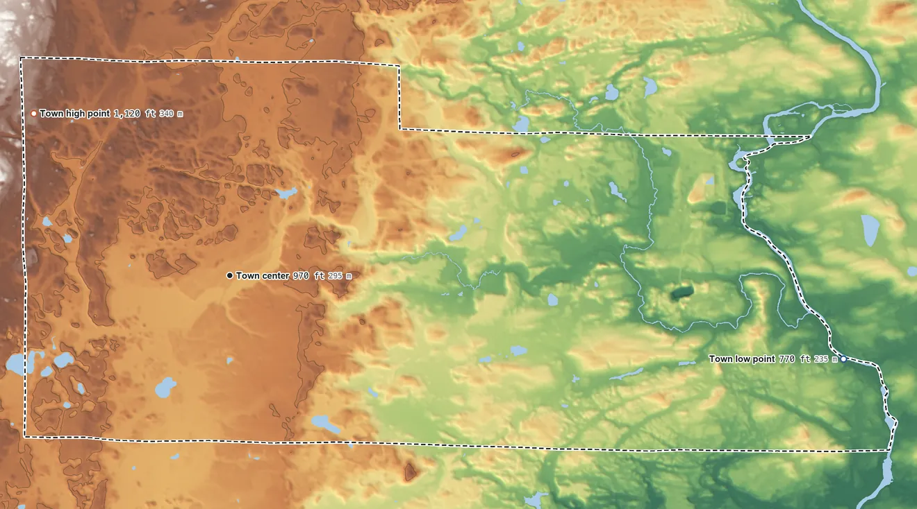 Topographic elevation map of Pembine, Wisconsin, shaded from 770 ft on the east side to 1,120 ft on the northwest side