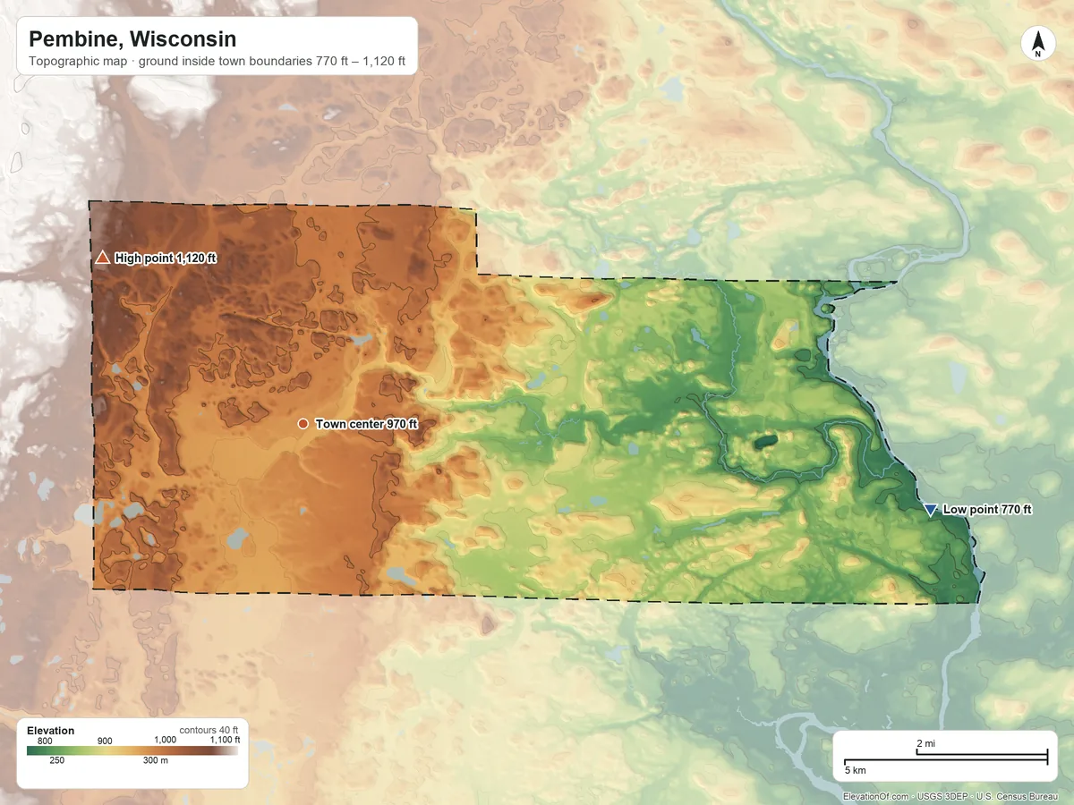 Topographic elevation map of Pembine, Wisconsin, shaded from 770 ft on the east side to 1,120 ft on the northwest side