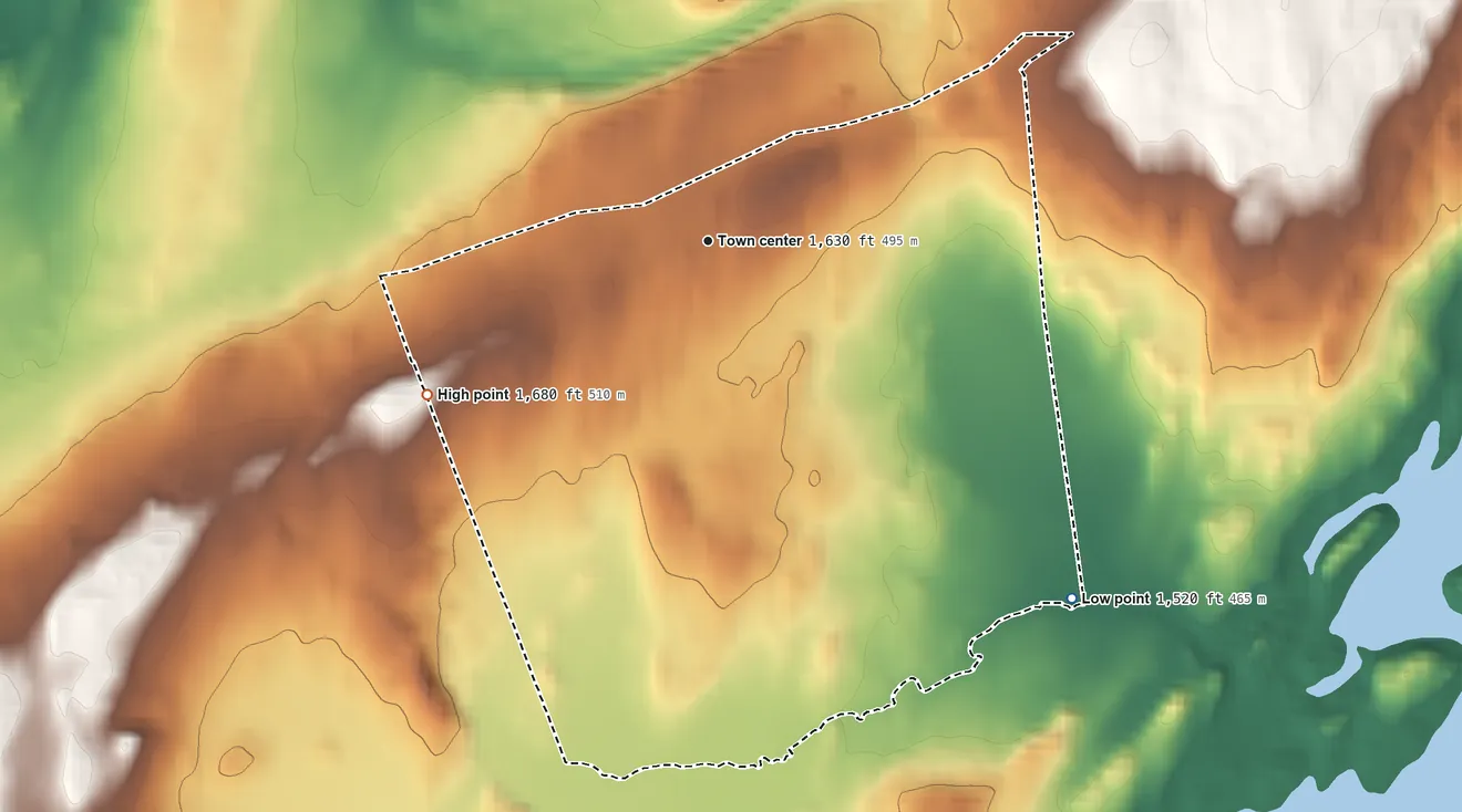 Topographic elevation map of Pence, Iron County, Wisconsin, shaded from 1,520 ft on the southeast side to 1,680 ft on the southwest side