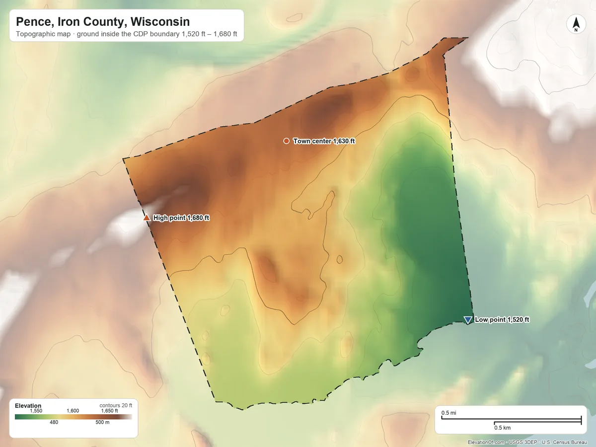 Topographic elevation map of Pence, Iron County, Wisconsin, shaded from 1,520 ft on the southeast side to 1,680 ft on the southwest side