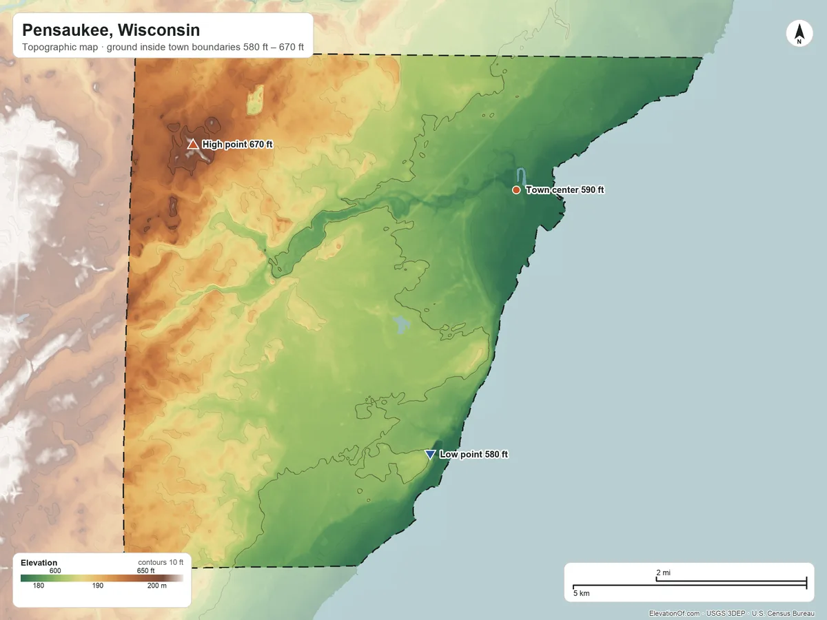 Topographic elevation map of Pensaukee, Wisconsin, shaded from 580 ft on the south side to 670 ft on the west side