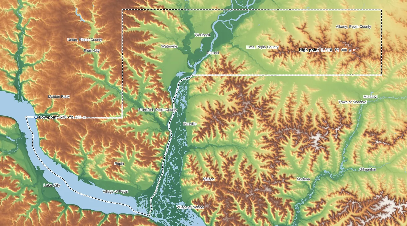 Topographic elevation map of Pepin County, Wisconsin, shaded from 670 ft on the west side to 1,310 ft on the northeast side