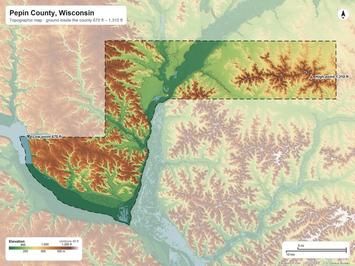 Topographic elevation map of Pepin County, Wisconsin, shaded from 670 ft on the west side to 1,310 ft on the northeast side
