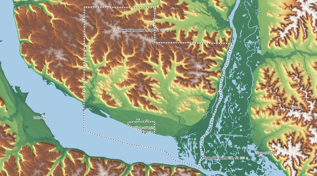 Topographic elevation map of Pepin, Wisconsin, shaded from 670 ft on the southeast side to 1,200 ft on the northwest side
