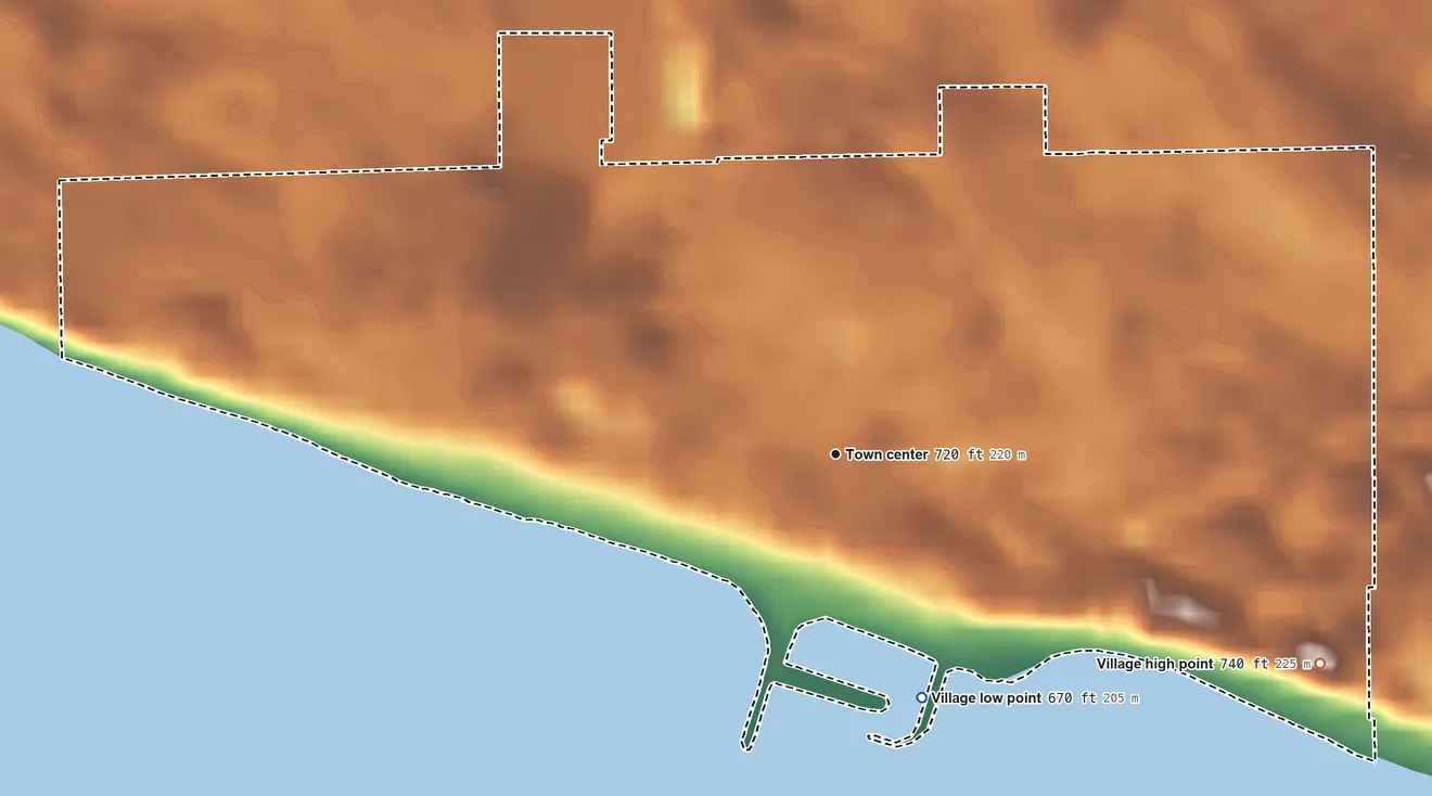 Topographic elevation map of Village of Pepin, Wisconsin, shaded from 670 ft on the south side to 740 ft at the foot of the West Bluff