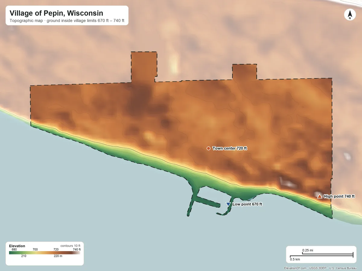 Topographic elevation map of Village of Pepin, Wisconsin, shaded from 670 ft on the south side to 740 ft at the foot of the West Bluff