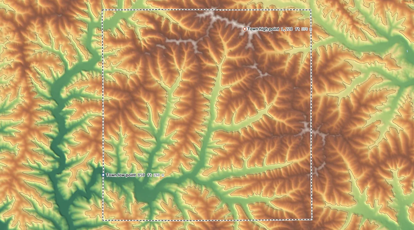 Topographic elevation map of Perry, Wisconsin, shaded from 850 ft on the southwest side to 1,220 ft on the north side