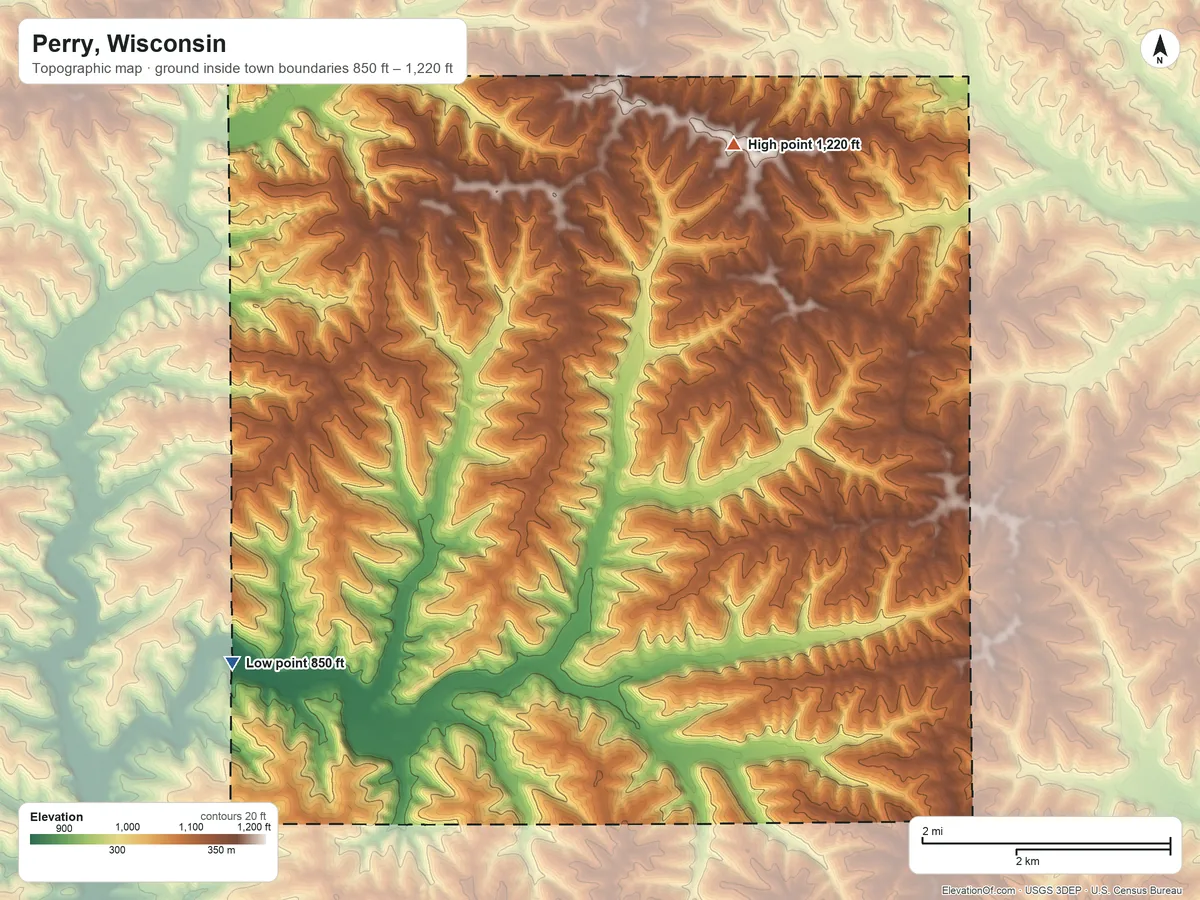 Topographic elevation map of Perry, Wisconsin, shaded from 850 ft on the southwest side to 1,220 ft on the north side
