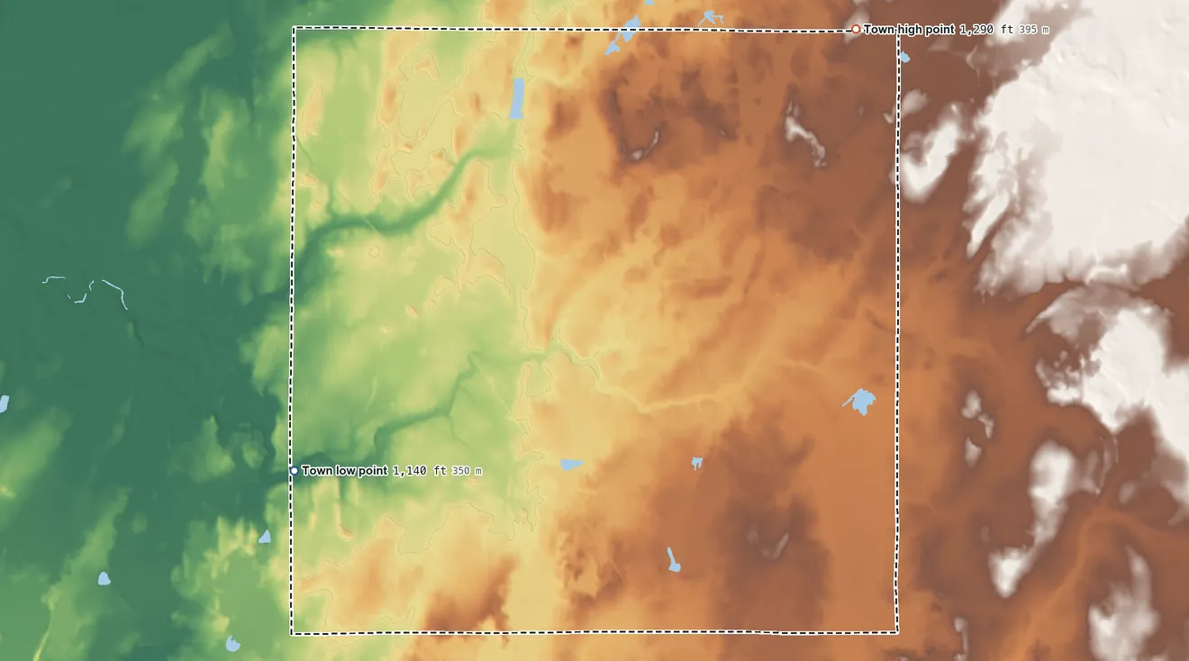 Topographic elevation map of Pershing, Wisconsin, shaded from 1,140 ft on the southwest side to 1,290 ft on the northeast side