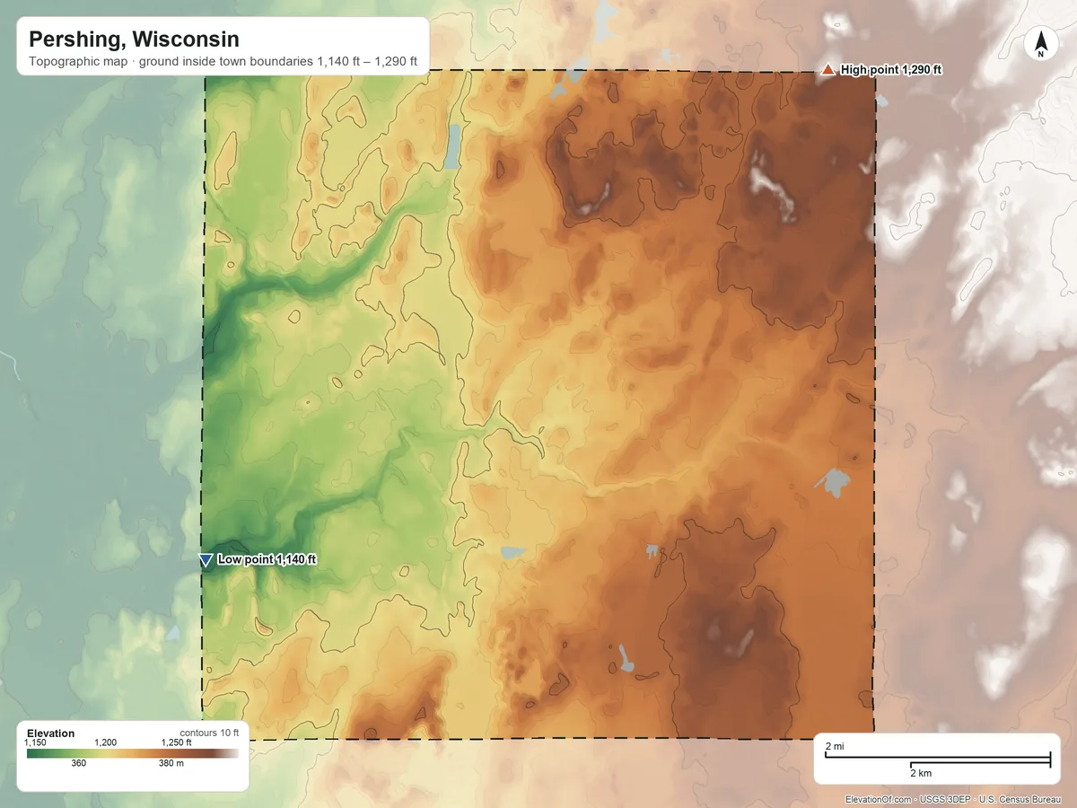 Topographic elevation map of Pershing, Wisconsin, shaded from 1,140 ft on the southwest side to 1,290 ft on the northeast side