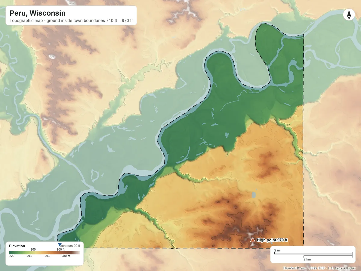 Topographic elevation map of Peru, Wisconsin, shaded from 710 ft on the west side to 970 ft on the south side