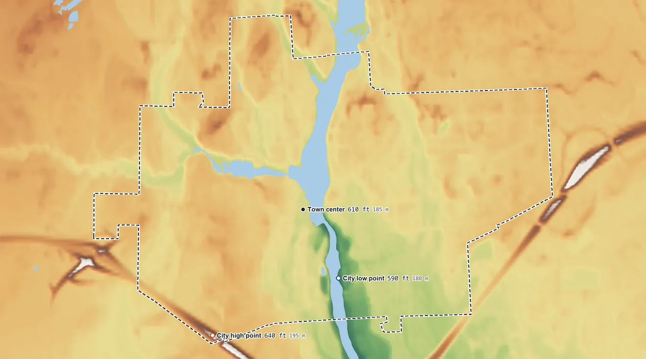 Topographic elevation map of City of Peshtigo, Wisconsin, shaded from 590 ft on the southeast side to 640 ft on the southwest side