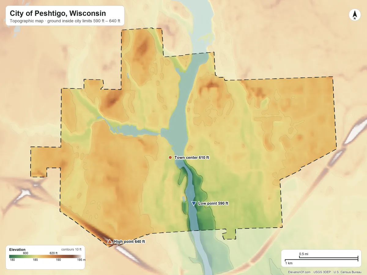 Topographic elevation map of City of Peshtigo, Wisconsin, shaded from 590 ft on the southeast side to 640 ft on the southwest side