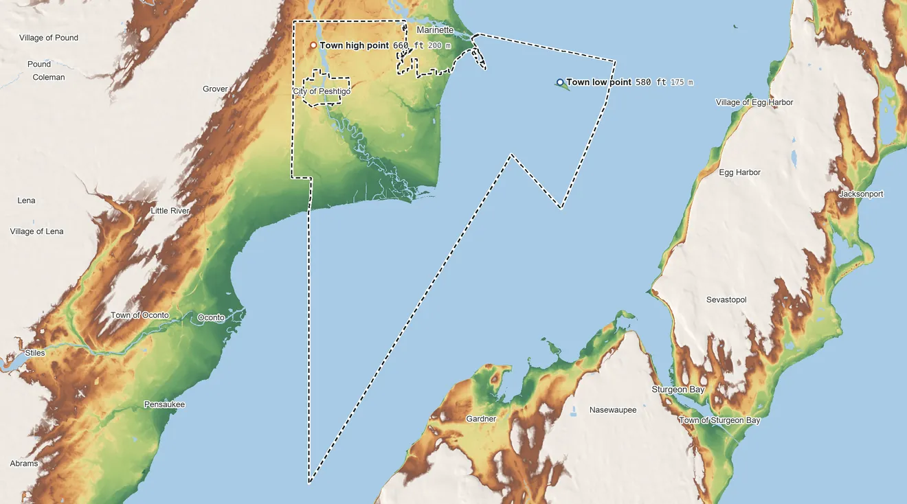 Topographic elevation map of Peshtigo, Wisconsin, shaded from 580 ft on the east side to 660 ft on the northwest side
