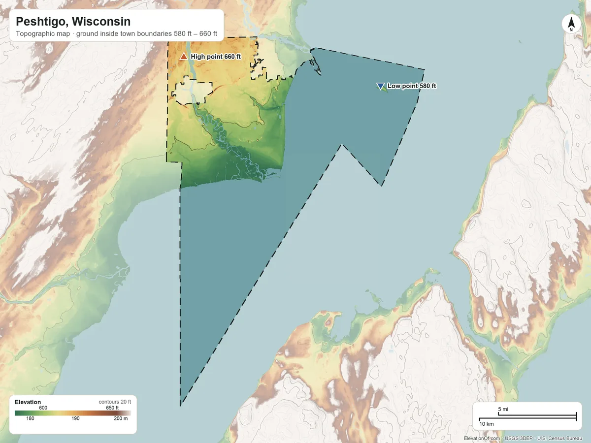 Topographic elevation map of Peshtigo, Wisconsin, shaded from 580 ft on the east side to 660 ft on the northwest side