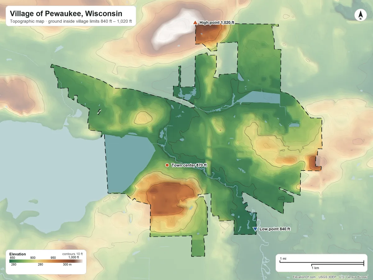 Topographic elevation map of Village of Pewaukee, Wisconsin, shaded from 840 ft on the southeast side to 1,020 ft on the north side